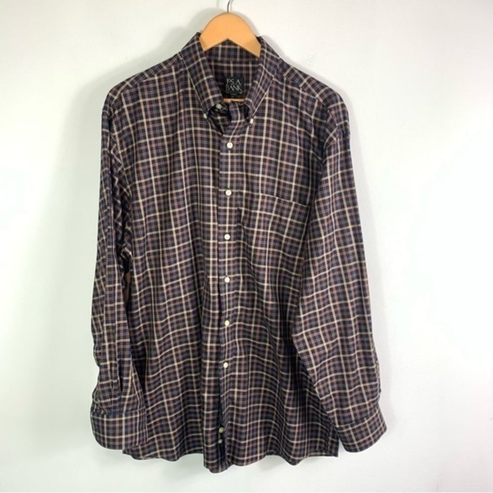 Jos. A. Bank Traveler Collection Blue Brown Check Plaid Shirt Size Large